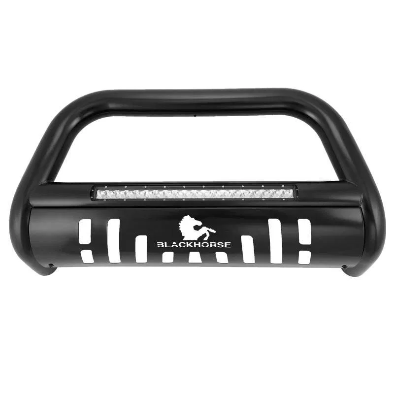 BE-FOF2B – BLACK HORSE Bull Bar, 3 Inch Diameter Tube Powder Coated Black Steel With Skid Plate With 20 Inch Light Ba...